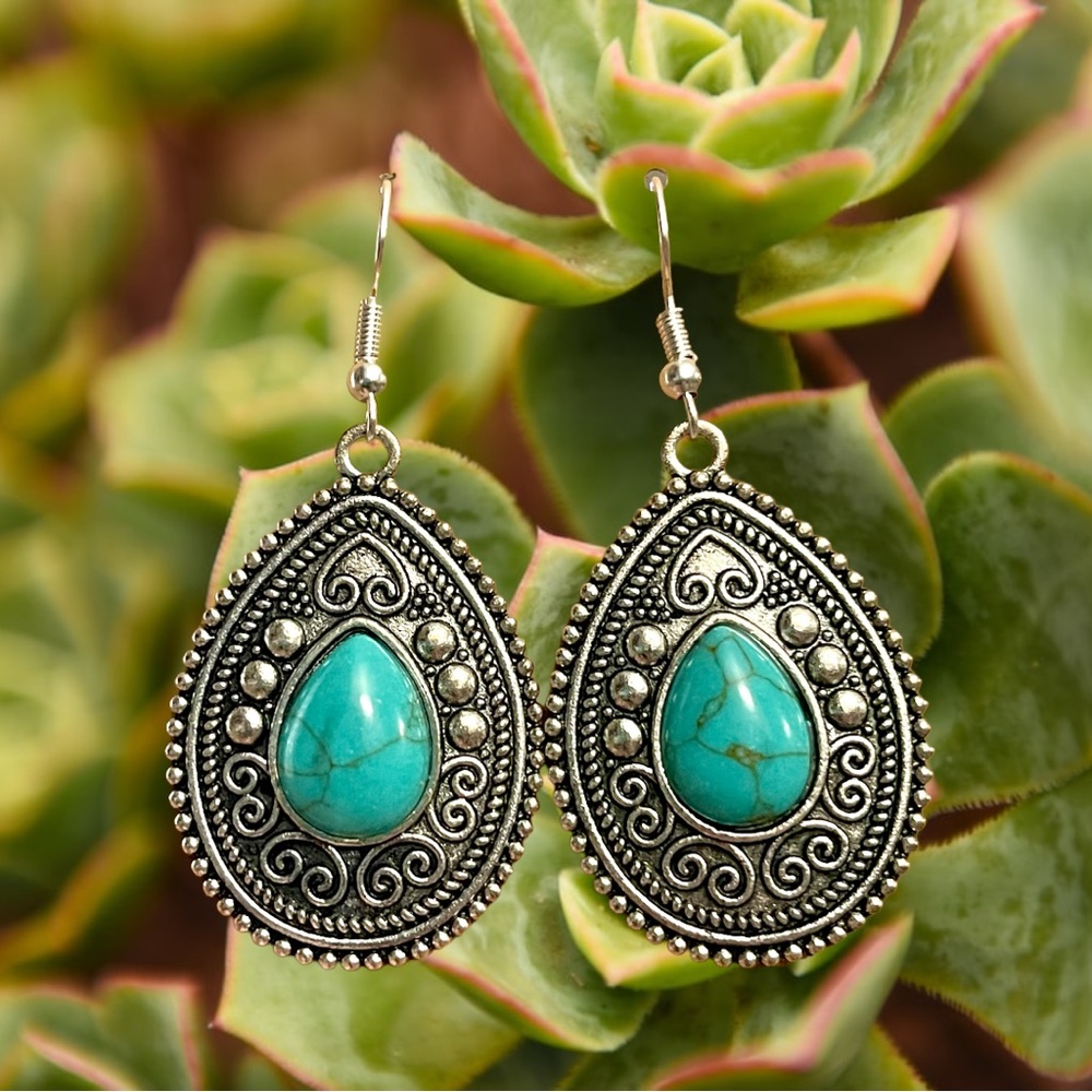 Western Aztec style turquoise and silver dangle earrings